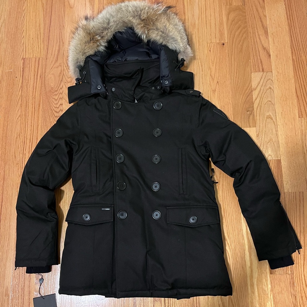 NEW luxury Men's Nobis Black Pea Coat Canadian down filled & Fur Hood size S